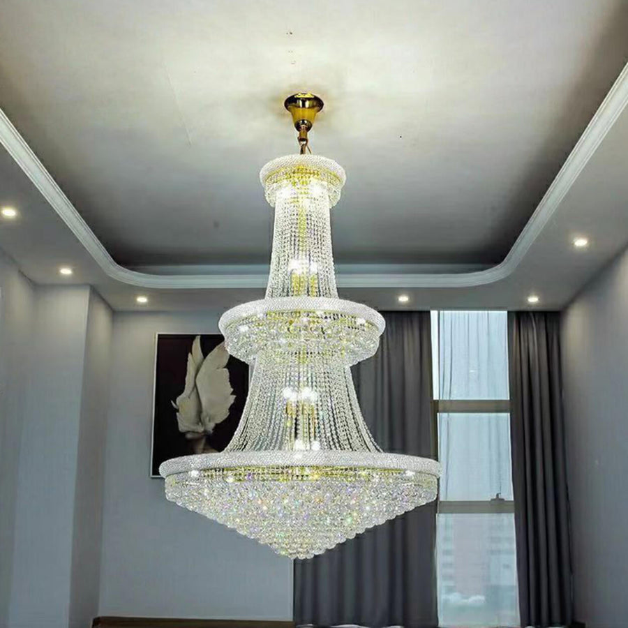 Adjustable Height Grand Gold Crystal Tiered Chandelier