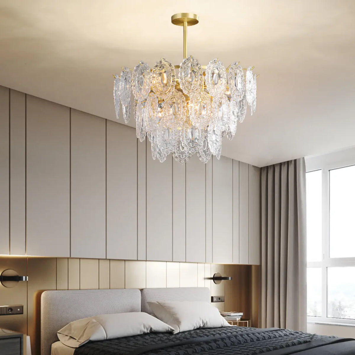 Adjustable Height Luxury Clear Crystal Petal Disc Chandelier
