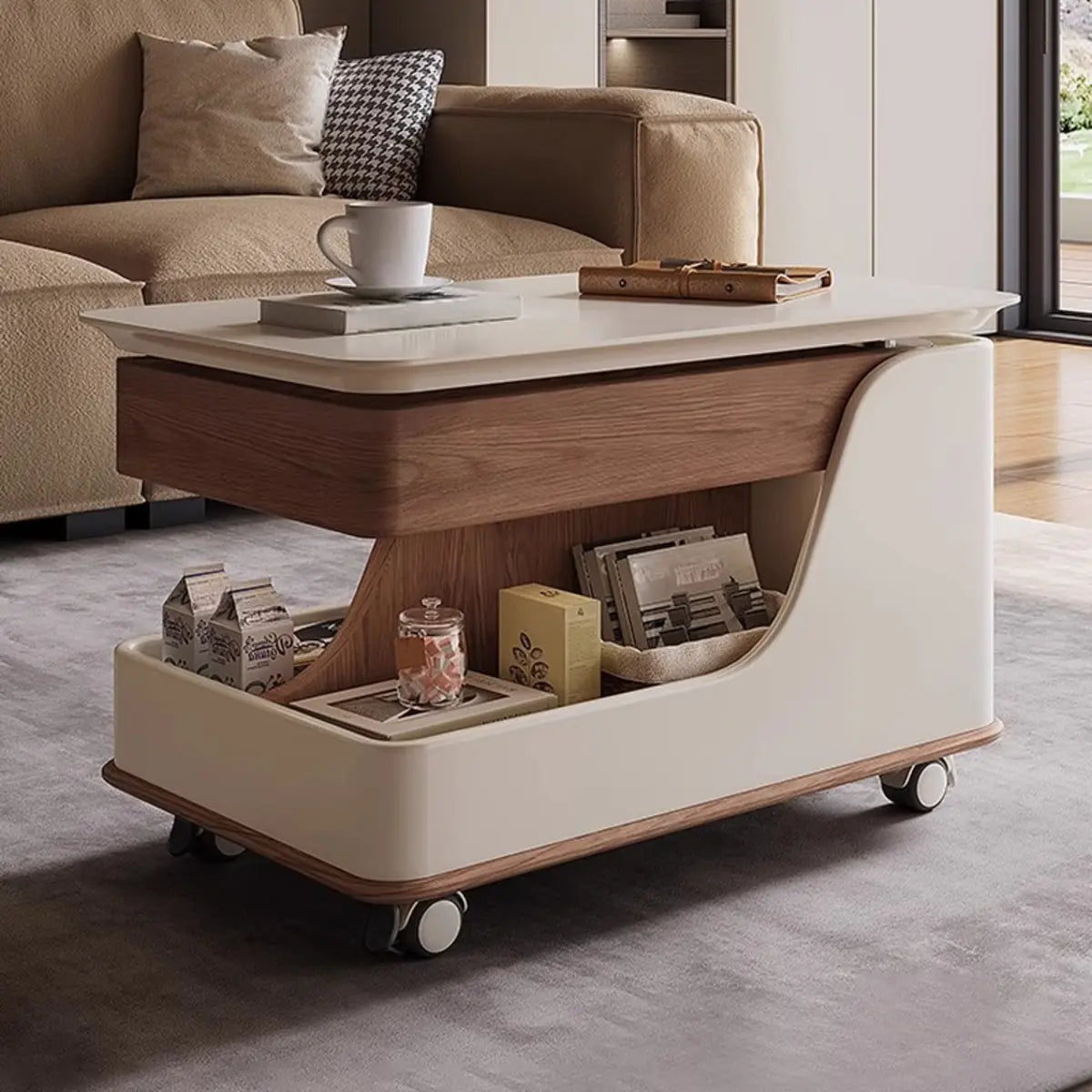 Adjustable Height Rectangular Wood Side Table with Wheels