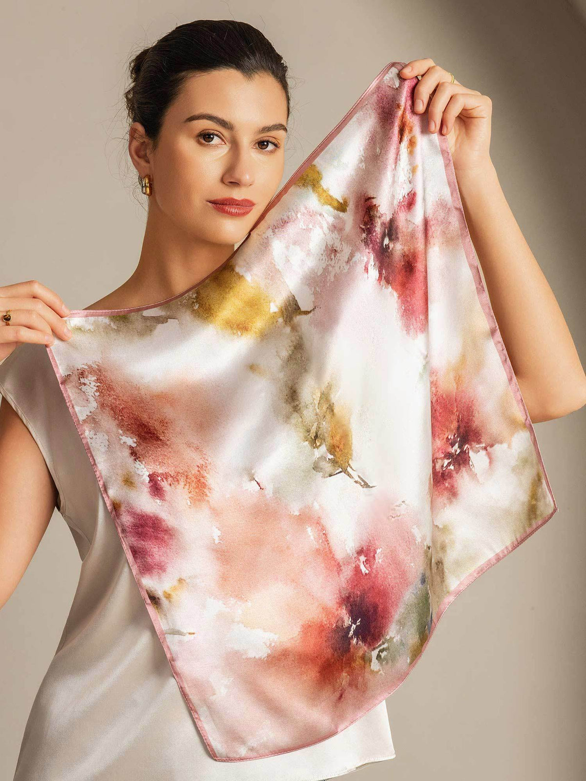 100% Mulberry Silk Floral Square Scarf with Pink Trim 53*53 cm