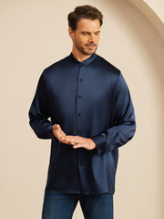 19Momme Silk Men''s Long Sleeve Stand Collar Classic Business Shirt