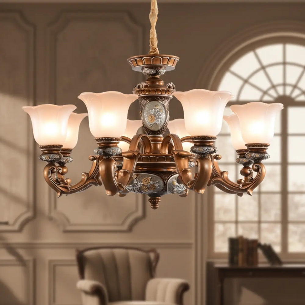 Traditional Antique Bronze Chandelier with Frosted Flower Glass Shades