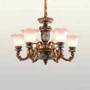Traditional Antique Bronze Chandelier with Frosted Flower Glass Shades