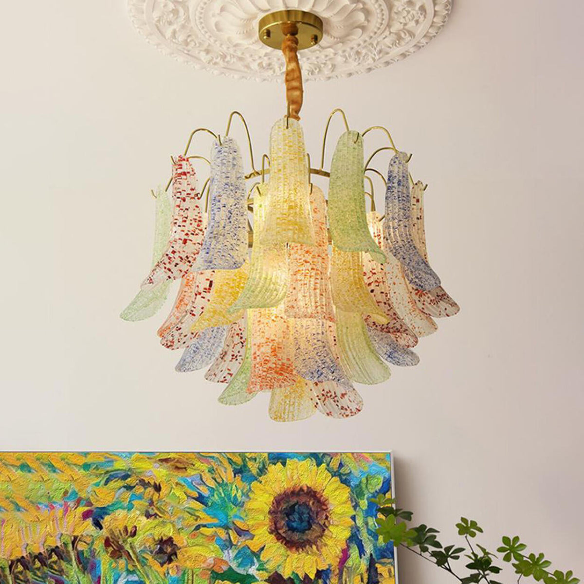 Art Deco Colorful 3 Tiers Glass Leaf Flower Chandelier