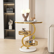 Art Deco White Sintered Stone Circular Side Table with Shelf