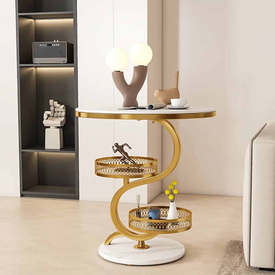 Art Deco White Sintered Stone Circular Side Table with Shelf