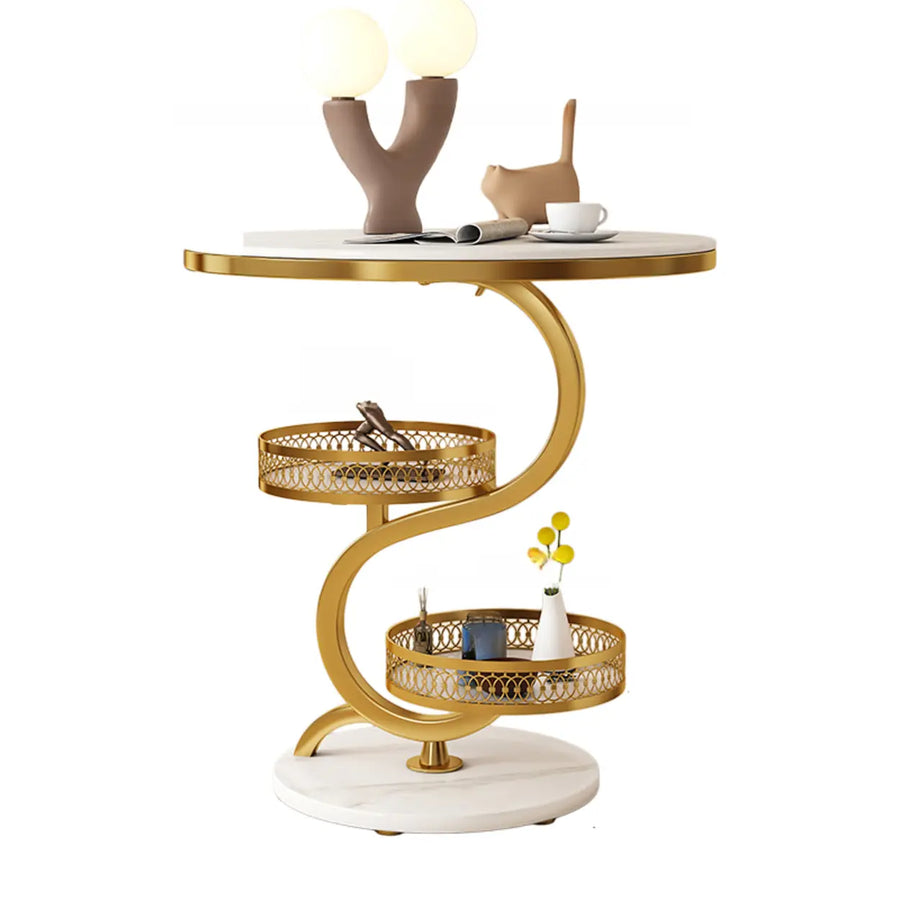 Art Deco White Sintered Stone Circular Side Table with Shelf