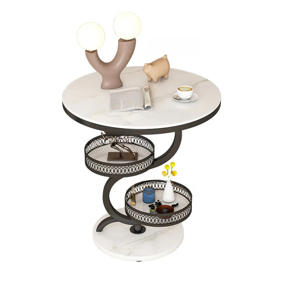 Art Deco White Sintered Stone Circular Side Table with Shelf