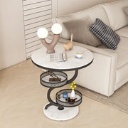 Art Deco White Sintered Stone Circular Side Table with Shelf