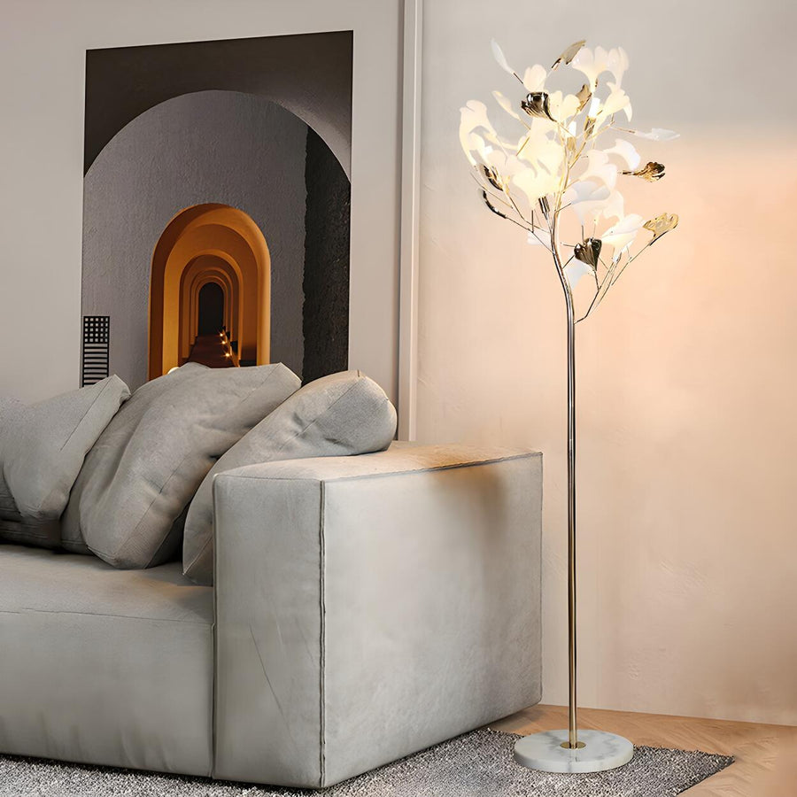 Artistic Maple Leaf Branch White Metal Floor Lamp