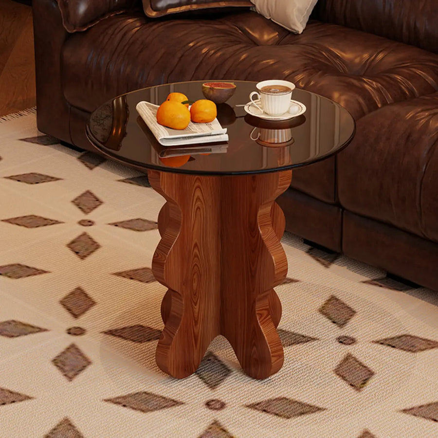 Artistic Round Glass Top Side Table with Sculpted Wood Base