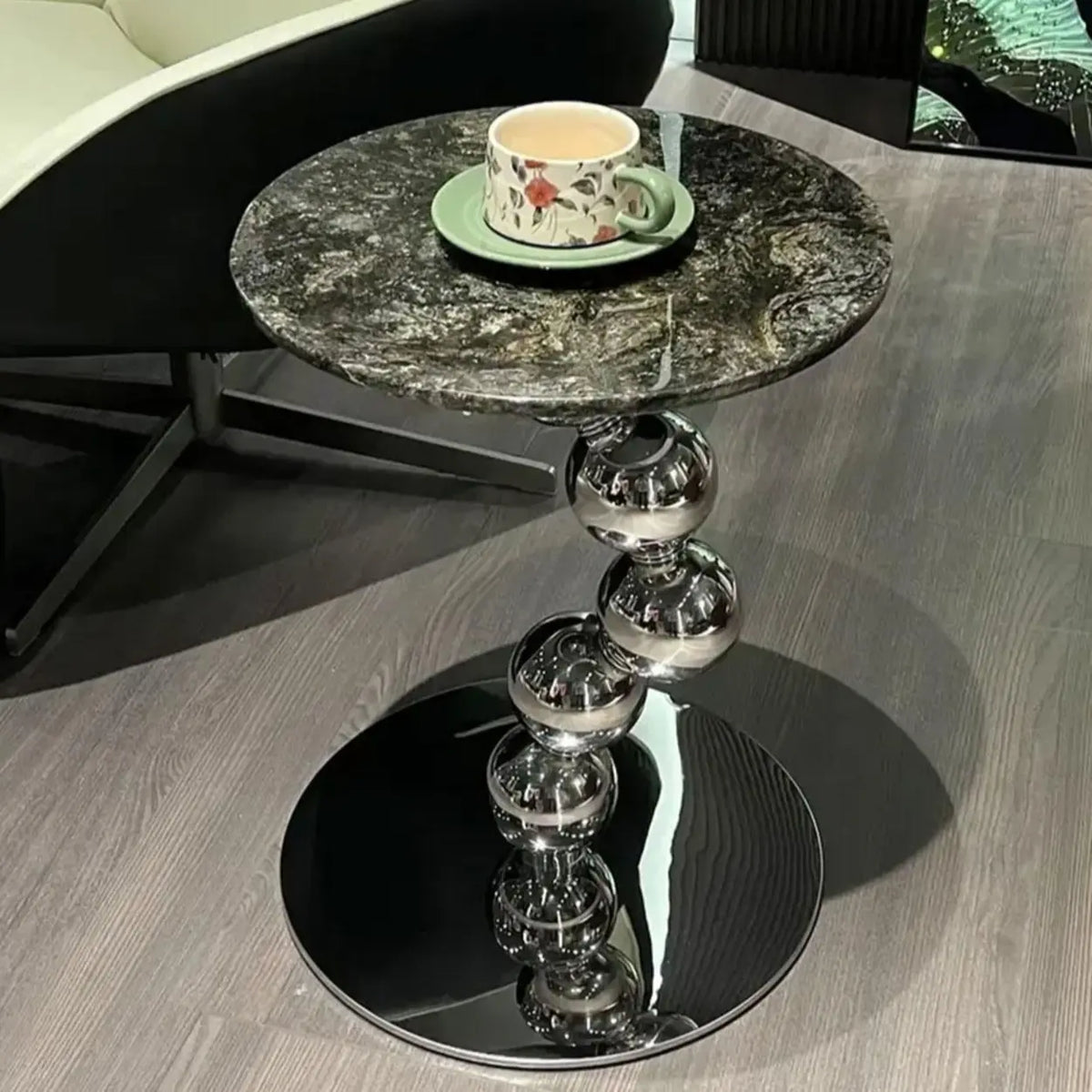 Artistic Round Marble Top Silver Ball Pedestal Side Table