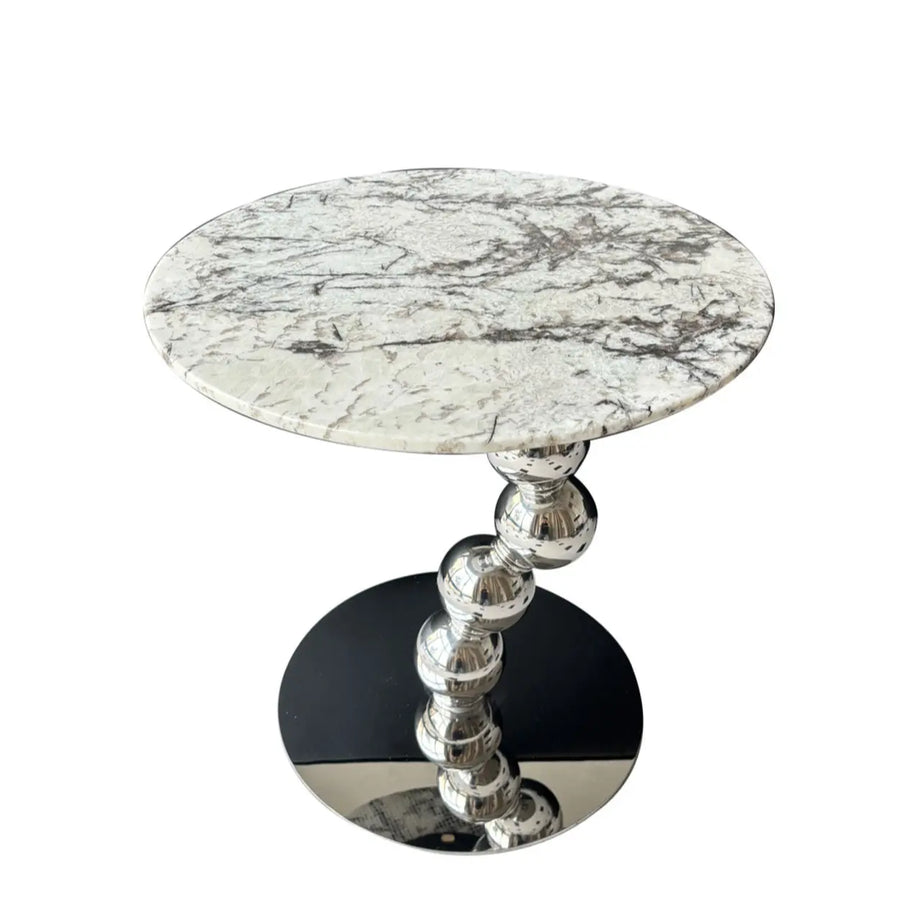 Artistic Round Marble Top Silver Ball Pedestal Side Table