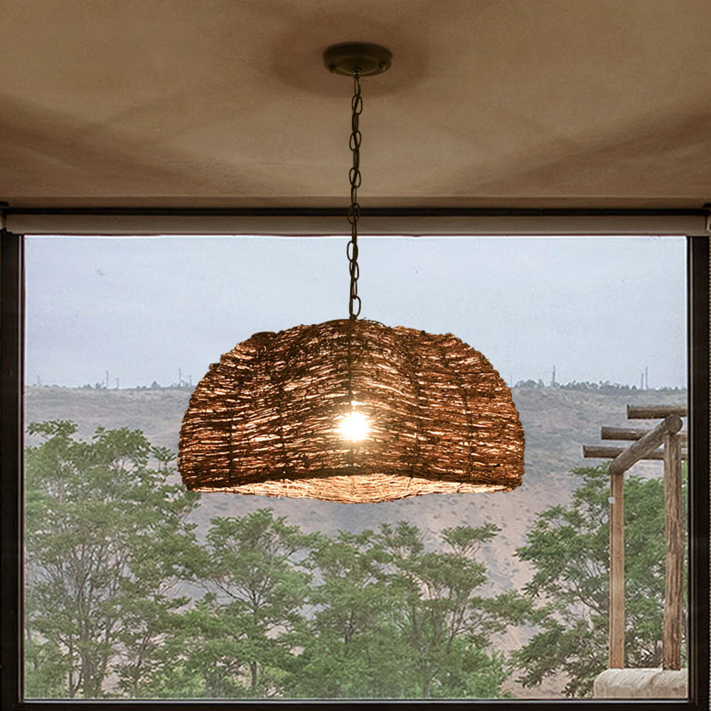 Asian Drum Rattan Pendant Light Adjustable Height