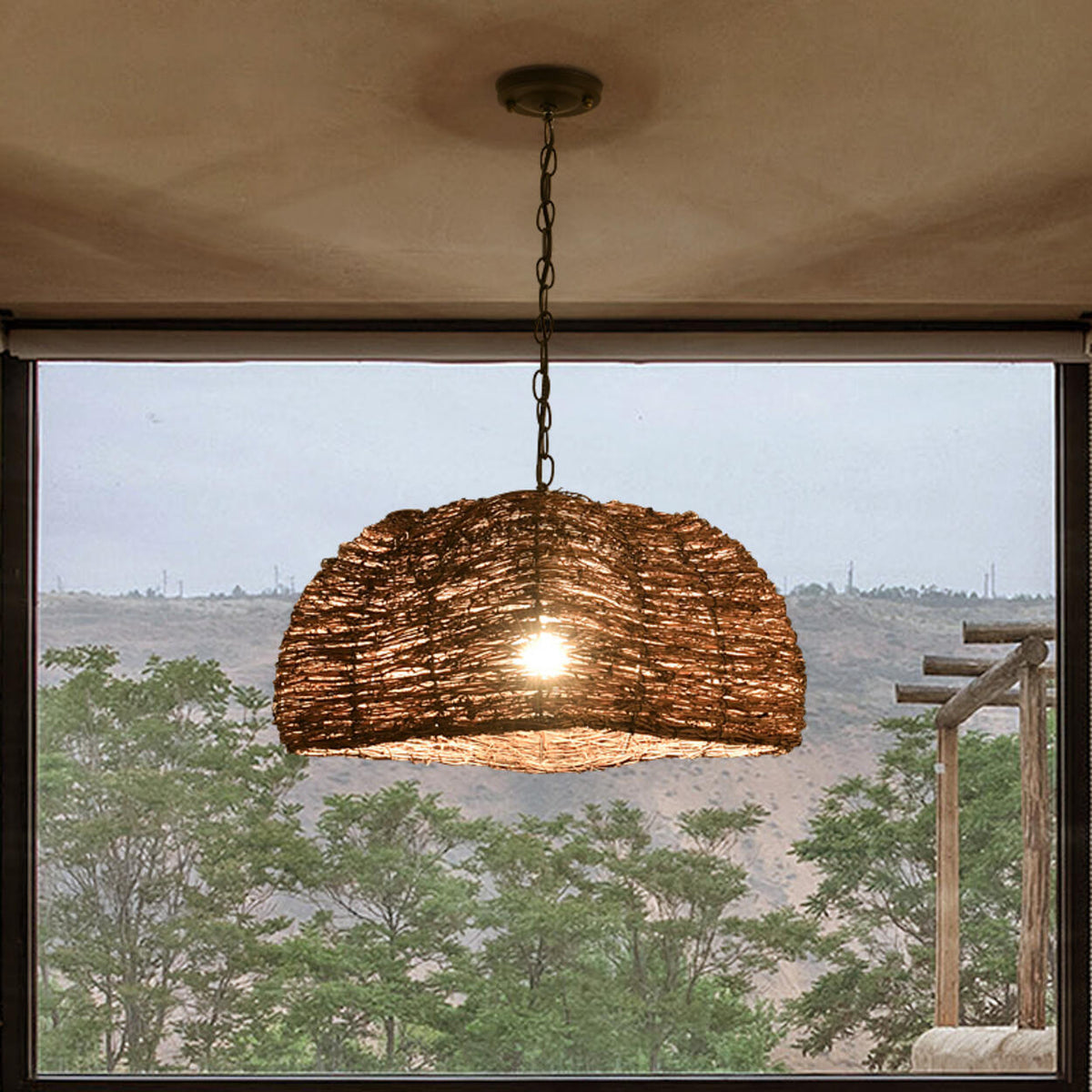 Asian Drum Rattan Pendant Light Adjustable Height