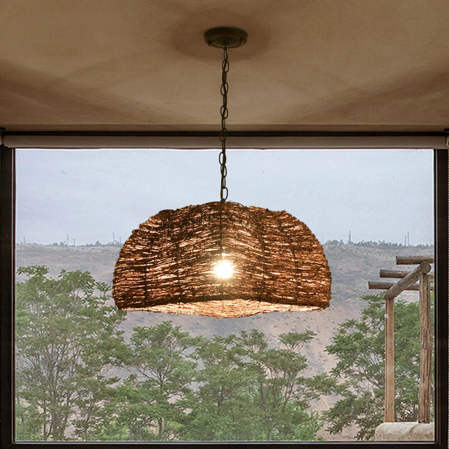 Asian Drum Rattan Pendant Light Adjustable Height