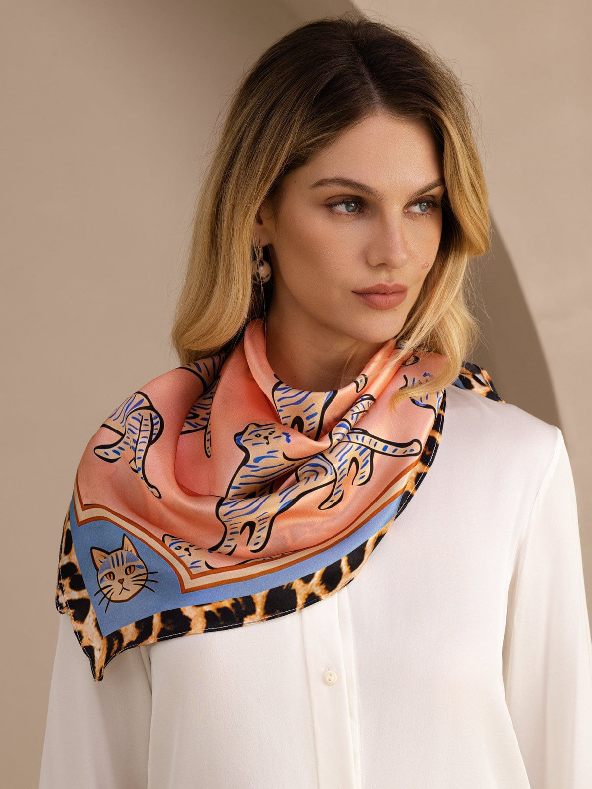 100% Mulberry Silk  Cat Pattern Scarf - Size 90x90cm