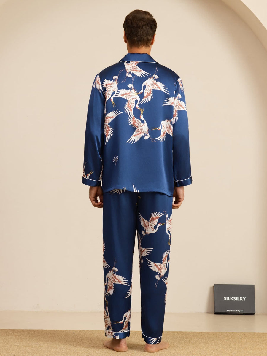 19Momme 100% Mulberry Silk Men's Crane Print Long Sleeve Notch Collar Pajamas Set