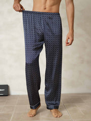 Men's 100% Mulberry Silk Ginkgo Print Sleep Pants with Elastic Waist