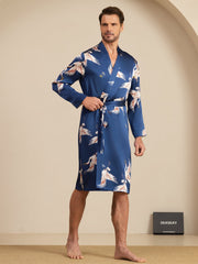 19Momme Pure Silk Men’s Knee Length Crane Printed Robe With Belted Design