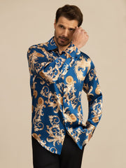 Pure Silk Men's Long Sleeve Lapel Collar Dragon Print Shirt