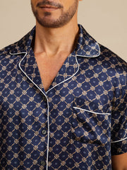 100% Mulberry Silk Short Sleeve Notch Collar Men's Chain Print Pajamas Set with Shorts