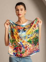 100% Mulberry Silk Oil Painting Square Scarf - Size 53x53cm