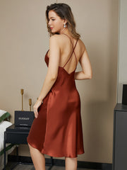 19Momme 100% Mulberry Silk Spaghetti Strap V-neck Knee Nightgown with Criss Cross Back Design