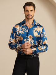 Pure Silk Men's Long Sleeve Lapel Collar Dragon Print Shirt