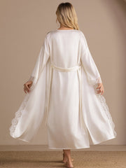 100% Mulberry Silk Women's Kimono Sleeves  Lace Trim Midi Robe for Bridal