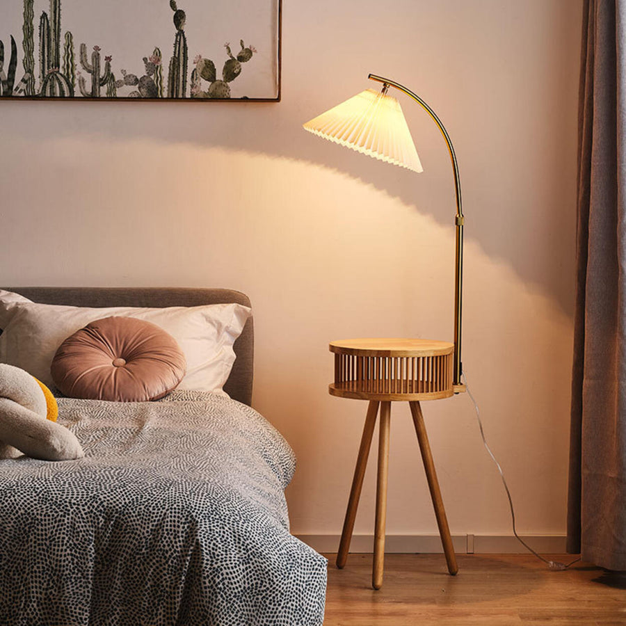 Bedside Cone Wooden Tripod Floor Lamp with Storage