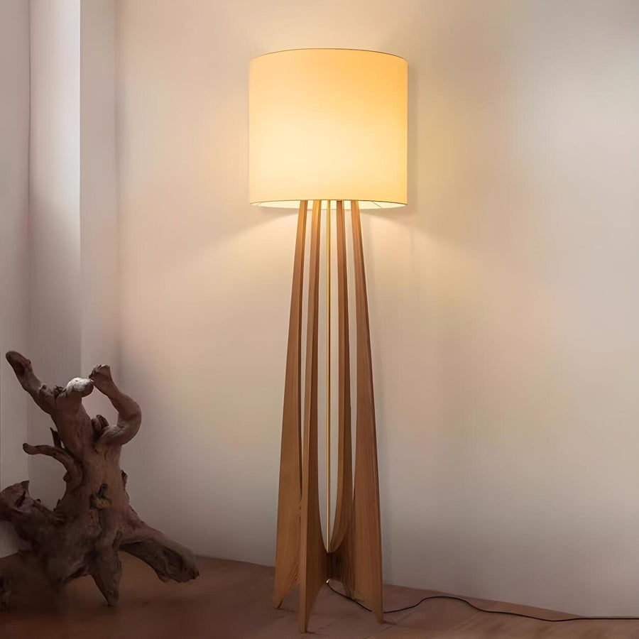 Bedside Cylindrical Fabric Shade Wooden Floor Lamp