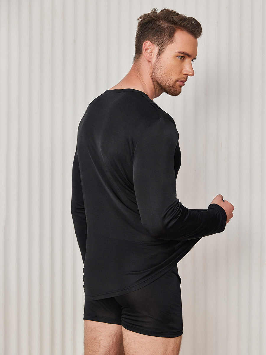 Mens Fashion Silk Long Sleeve Crewneck Tee