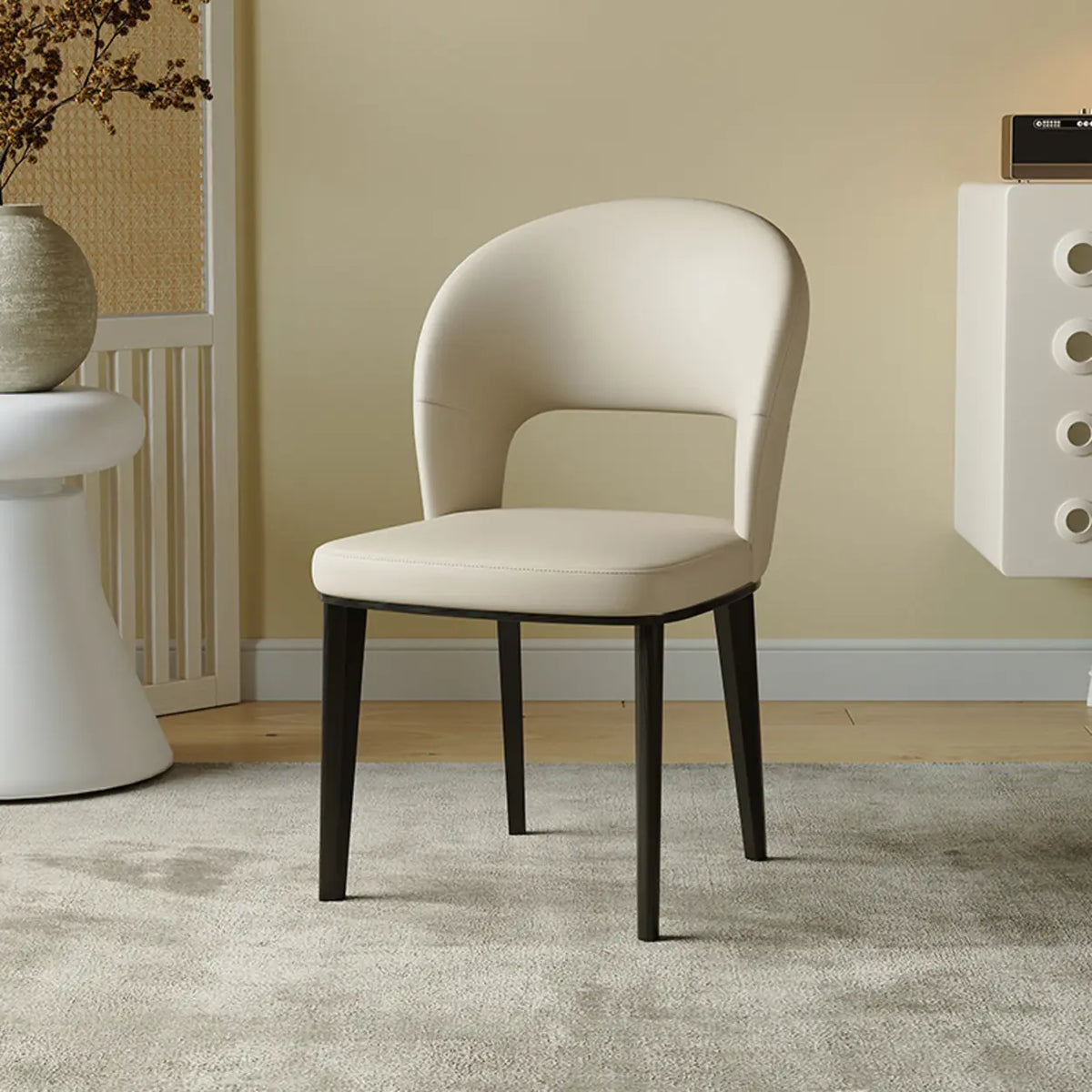 Beige Curved Open Low Back Faux Leather Dining Chair
