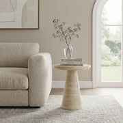 Beige Faux Travertine Stone Round Pedestal Side Table