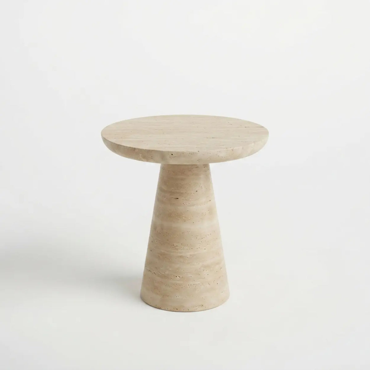 Beige Faux Travertine Stone Round Pedestal Side Table