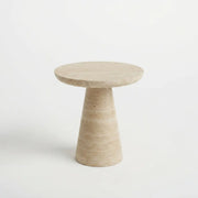 Beige Faux Travertine Stone Round Pedestal Side Table