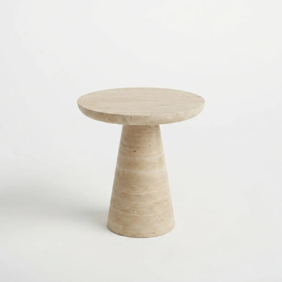 Beige Faux Travertine Stone Round Pedestal Side Table