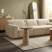 Beige Faux Travertine Stone Round Pedestal Side Table