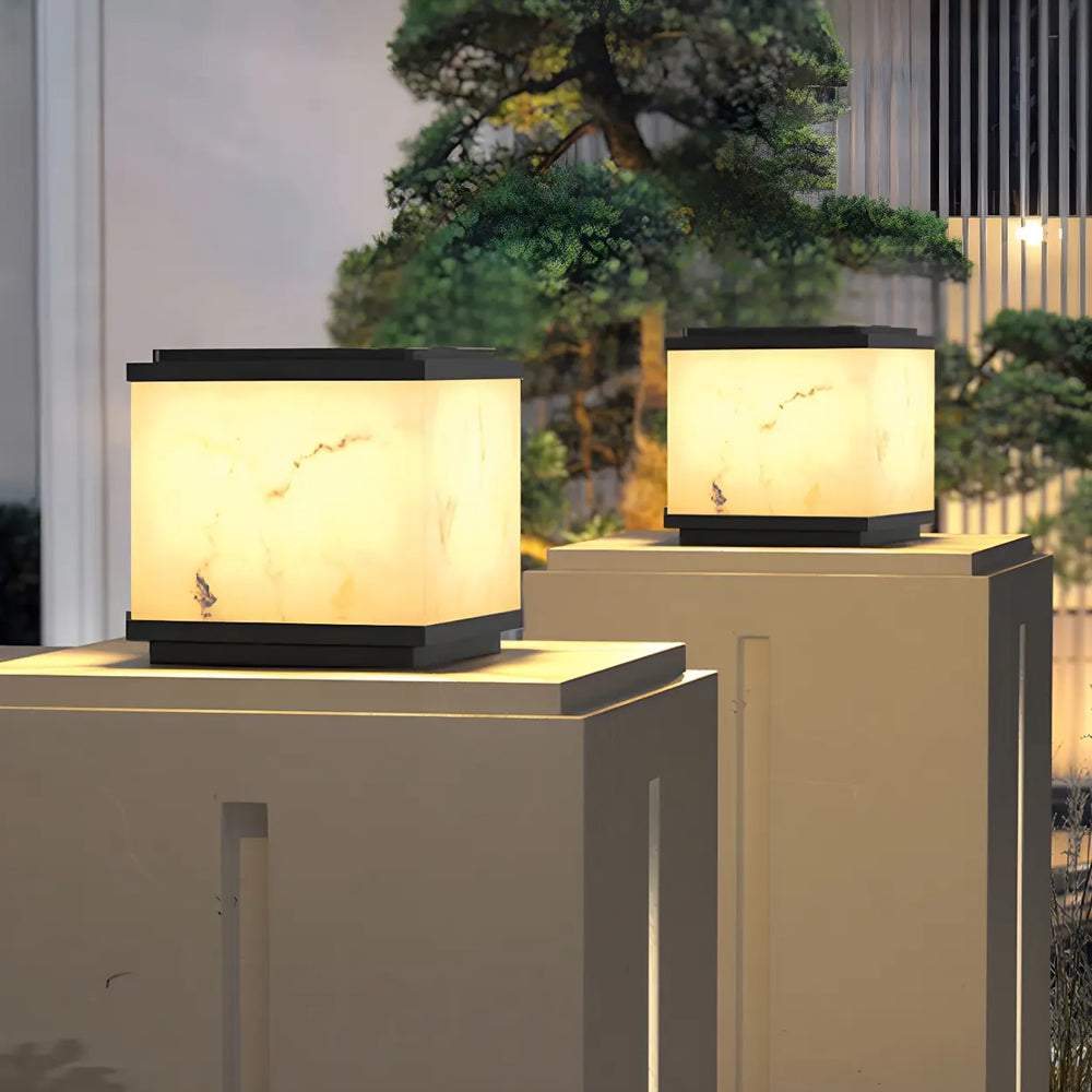 Beige Minimalist Square Outdoor Solar Table Pillar Light