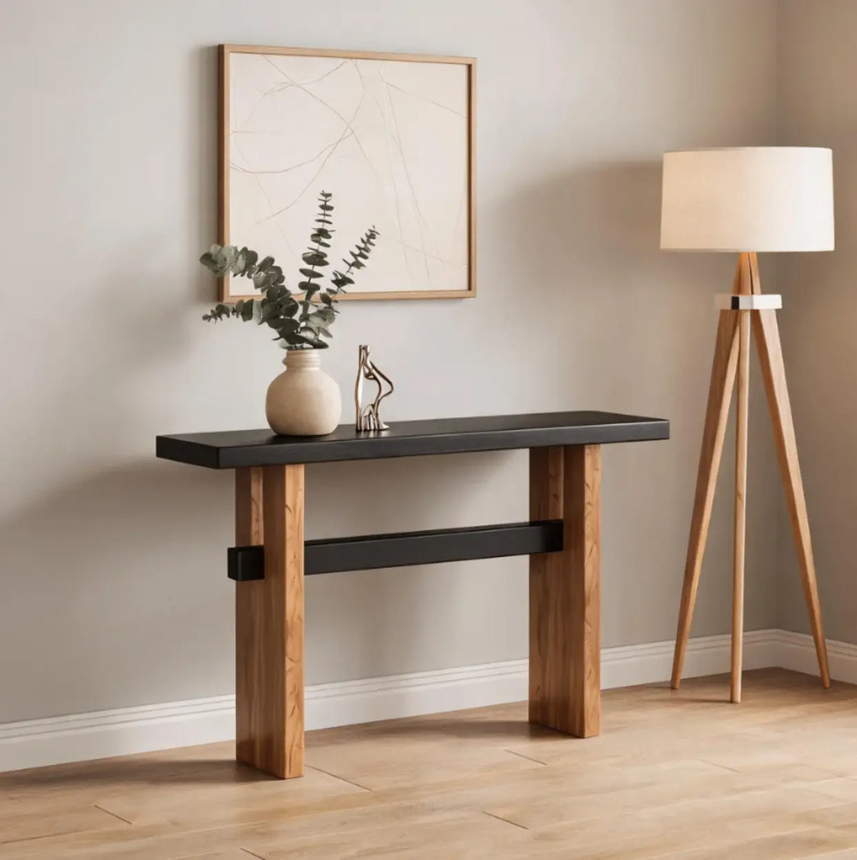 Black and Natural Wood Double Pedestal Console Table
