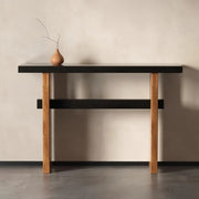 Black and Natural Wood Double Pedestal Console Table