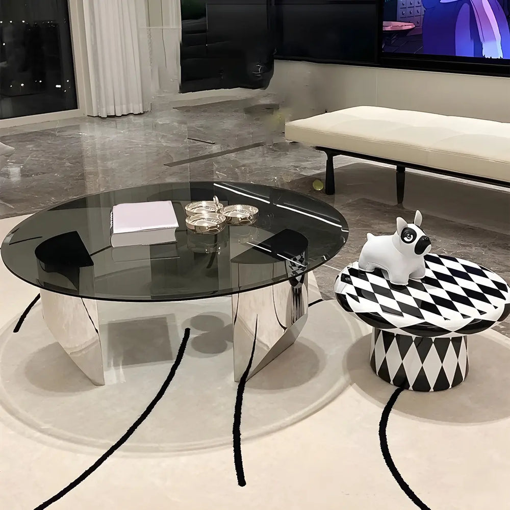Black Glass Round Silver Steel Three Leg Coffee Table