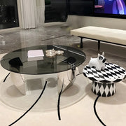 Black Glass Round Silver Steel Three Leg Coffee Table