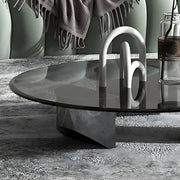 Black Glass Round Silver Steel Three Leg Coffee Table