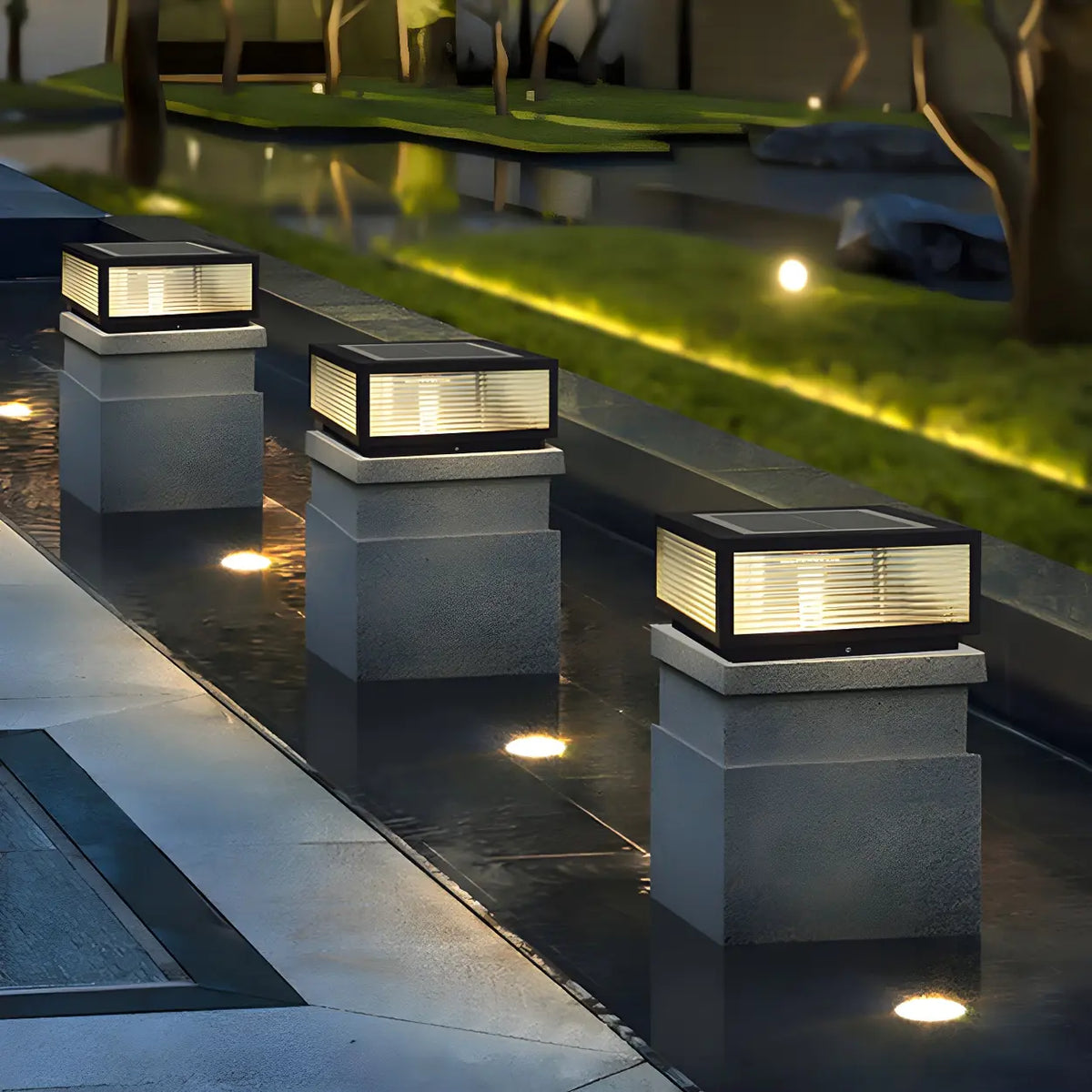 Black Modern Rectangular Metal Outdoor Solar Pillar Light