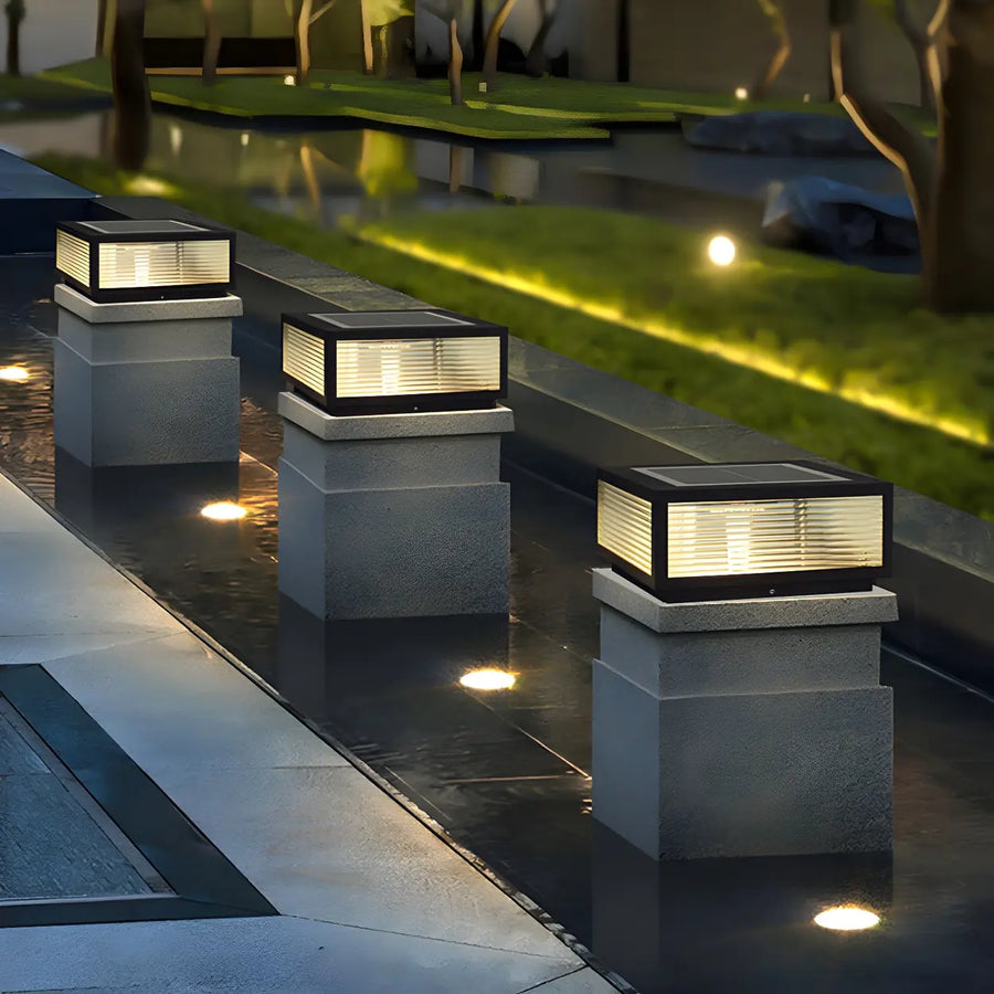 Black Modern Rectangular Metal Outdoor Solar Pillar Light