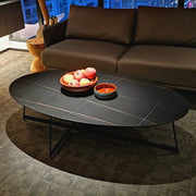 Black Oval Stone Coffee Table with Steel Cross Legs
