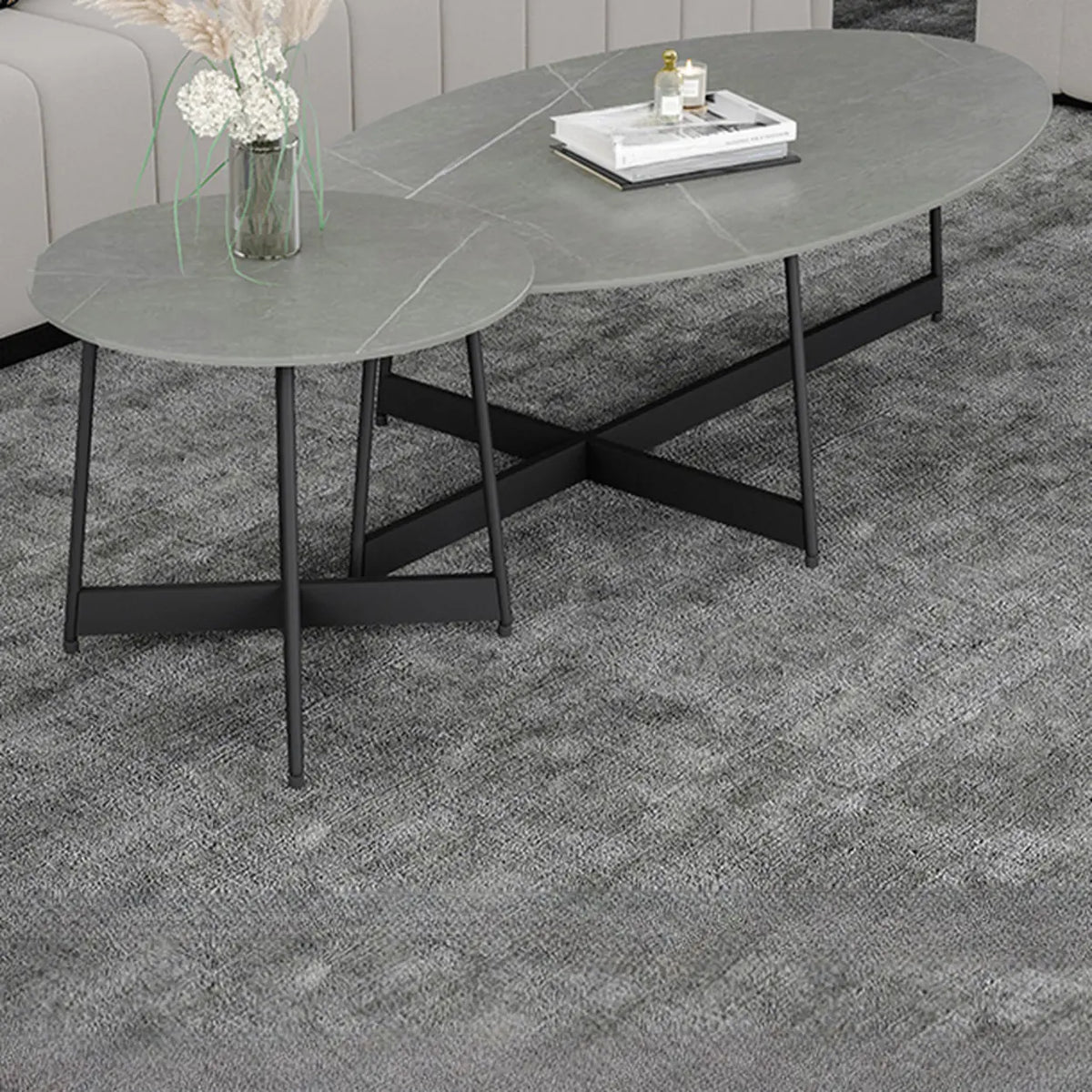 Black Oval Stone Coffee Table with Steel Cross Legs