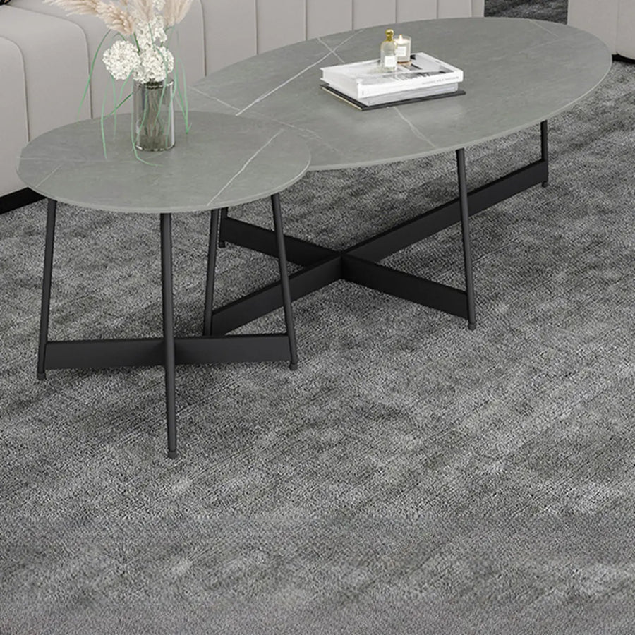 Black Oval Stone Coffee Table with Steel Cross Legs